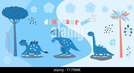 Satz von cute Cartoon dinosaur Zeichen. Drucken für Kinder T-Shirts, Pullover. Grußkarte. Aufkleber Vector Illustration Stock Vektor