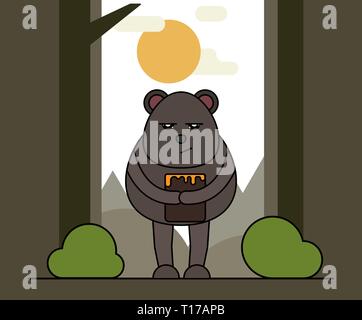 Cute bear mit Honig im Cartoon Stil. Natur Hintergrund. Stock Vektor