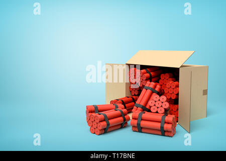 3D-Rendering von tnt Dynamite Sticks im Karton auf blauem Hintergrund. Stockfoto