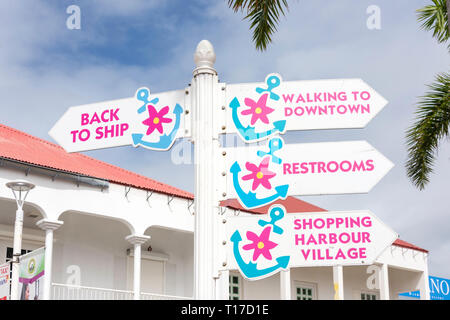 Hinweisschild am Hafen Point Village cruise Port Terminal, Philipsburg, St. Maarten, St. Martin, Kleine Antillen, Karibik Stockfoto