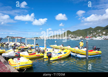 Schlauchboot mieten dingheys, Simpson Bay Lagune, St. Maarten, St. Martin, Kleine Antillen, Karibik Stockfoto