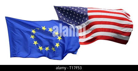 Flagge der Vereinigten Staaten von Amerika und der EU, auf weißem Hintergrund Stockfoto