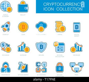 Blockchain Cryptocurrency und Symbole. Vektor Design von blockchain Technologie, bitcoin, cryptocurrency altcoins, Bergbau, Finanzen, digitale Geldmarkt Stock Vektor