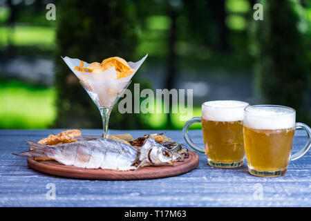 Snacks für Bier und zwei Becher Bier. Gesalzene, getrocknete Fische, Tintenfischringe und Kartoffelchips, auf dem Schneidbrett und grüner Sommer Hintergrund Stockfoto