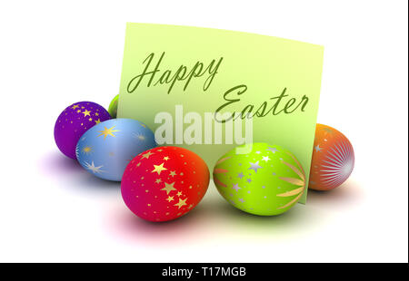 Frohe Ostern Hinweis auf weißem Hintergrund Stockfoto