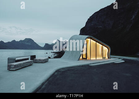 Die Welle geformt aus Beton und Glas Architektur von Ureddplassen Rastplatz auf der Helgelandskysten norwegische Scenic Route Nordland Norwegen Stockfoto