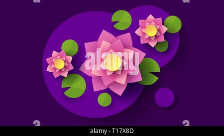 Blick von oben auf die Lotus im Comic-stil dunklen Hintergrund. Cartoon Vector Illustration. Abstrakte Muster. Dekoratives Element. Design Element. Stock Vektor