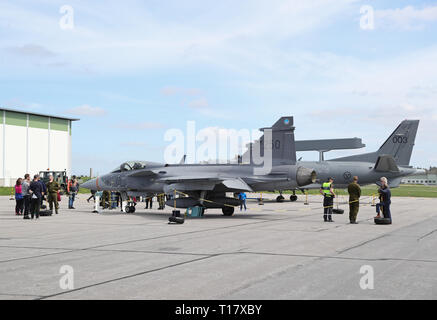 MALMSLÄTT 20180505 Ansicht von Jas 39 Gripen während der Garnison in Malmen Flughafen außerhalb von Linköping. Foto Jeppe Gustafsson Stockfoto