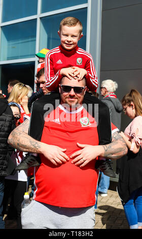 Cardiff, Großbritannien. 24 Mär, 2019. UEFA Europameisterschaft Qualifikation Fußball, Wales gegen Slowakei; Wales fans warten, bis das Team Credit: Aktion plus Sport/Alamy Leben Nachrichten ankommen Stockfoto