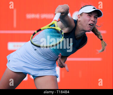 Miami Gardens, Florida, USA. 23 Mär, 2019. Caroline Wozniacki, Dänemark, dient der Monica Niculescu, von Rumänien, in einer zweiten Runde am2019 Miami geöffneten dargestellt von itaú Professional Tennis Turnier, an dem Hardrock Stadion in Miami Gardens, Florida, USA gespielt. Mario Houben/CSM/Alamy leben Nachrichten Stockfoto