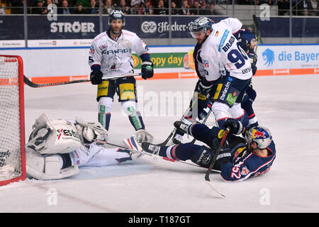 München, Deutschland. 24 Mär, 2019. Patrick Hager (M) wird kurz vor dem Ziel durch Kevin POULIN (B), Aktion, Duelle gegen Constantin BRAUN (B). EHC Red Bull Muenchen-Eisbaeren Berlin. Eishockey DEL Play-off Viertelfinale Spiel 5, 24.03.2019, Olympia Eishalle Muenchen. | Verwendung der weltweiten Kredit: dpa/Alamy leben Nachrichten Stockfoto