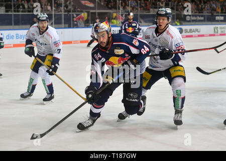 München, Deutschland. 24 Mär, 2019. Trevor PARKS (M), Aktion, Duelle gegen Jonas MUELLER (B), EHC Red Bull Muenchen-Eisbaeren Berlin. Eishockey DEL Play-off Viertelfinale Spiel 5, 24.03.2019, Olympia Eishalle Muenchen. | Verwendung der weltweiten Kredit: dpa/Alamy leben Nachrichten Stockfoto