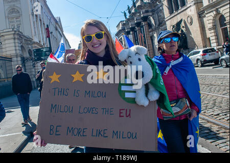 Brüssel, Brabant, Belgien. 24 Mär, 2019. Eine Frau gesehen, die ein Schild mit einem milou Hund während des Protestes gefüllt. Einen Tag vor dem Jahrestag der Gründung des Vertrags über die Europäische Union, der Bürger und der Organisationen der Zivilgesellschaft nahm die Straßen von Brüssel, zwei Monate vor den Europawahlen zu machen. Im März wurde von Plattform gemeinsam organisiert, eine Initiative, die von einer Allianz von progressiven politischen Gruppen aus ganz Europa ins Leben gerufen. Credit: ZUMA Press, Inc./Alamy leben Nachrichten Stockfoto