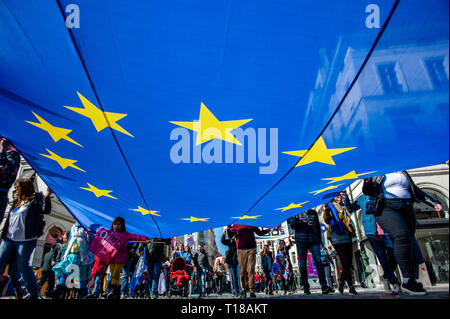 Brüssel, Brabant, Belgien. 24 Mär, 2019. Eine Gruppe von Menschen gesehen werden, die eine große Flagge der EU während des Protestes. Einen Tag vor dem Jahrestag der Gründung des Vertrags über die Europäische Union, der Bürger und der Organisationen der Zivilgesellschaft in den Straßen von Brüssel hat, zwei Monate vor den Europawahlen zu machen. Im März wurde von Plattform gemeinsam organisiert, eine Initiative, die von einer Allianz von progressiven politischen Gruppen aus ganz Europa ins Leben gerufen. Sie stehen für Solidarität, Demokratie, Frieden und gegen die eigentliche Gefahr für ihre zentralen europäischen Werte. (Bild: © Ana Fernande Stockfoto