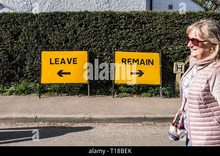 Lustige Witze über Brexit: Zwei satirische comic Schilder mit den Worten verlassen und bleiben in Bezug auf Brexit auf einer Straße bei thriplow Narzisse Wochenende 2019, Thriplow, Cambridge, England, UK. Credit: Nicola Ferrari/Alamy Leben Nachrichten. Stockfoto