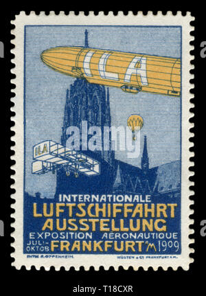 Deutsche historische Stempel: Die erste internationale Luftfahrt Ausstellung in Frankfurt am Main. Die ILA Berlin Air Show. Zeppelin Luftschiff, Flugzeug, 1909 Stockfoto