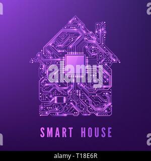 Smart Home oder IOT-Konzept. Lila Kreis Haus mit CPU. Zukunft und Innovation Technologie Hintergrund. Vector Illustration Stock Vektor