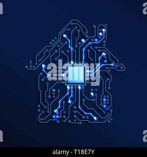 Smart Home oder IOT-Konzept. Blauer Kreis Haus mit CPU im Inneren. Zukunft und Innovation Technologie Hintergrund. Vector Illustration Stock Vektor