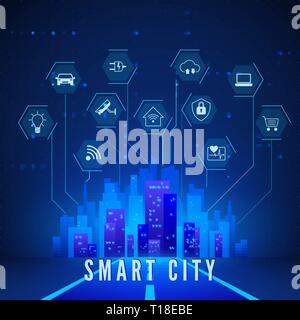 Smart City Landschaft und Systemüberwachung und -steuerung Symbole gesetzt. Moderne Smart City Konzept in blauen Farben. Technologie Hintergrund. Vector Illustration Stock Vektor