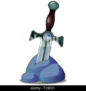 Ein altes Schwert in einem Stein auf weißem Hintergrund geklebt. Vektor cartoon Close-up Abbildung. Stock Vektor