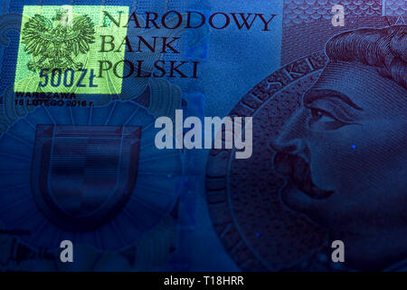 Polen 500 Zloty in UV-Strahlen Stockfoto