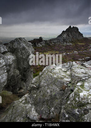 Schöne Landschaft in Shropshire im September vom Quartzit-Kamm der Stiperstones, Shropshire-zweithöchster Hügel, England, Großbritannien, aus gesehen. Stockfoto