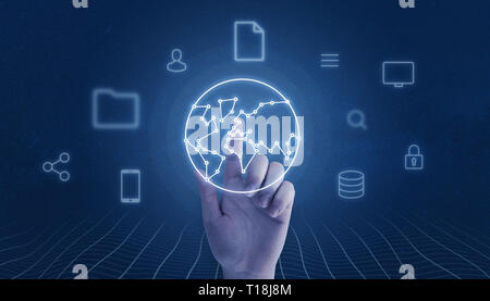 Hand berühren Globe netzwerk karte Konzept. Internet und Computer icons Konzept surround Kugel und die Hand. Stockfoto