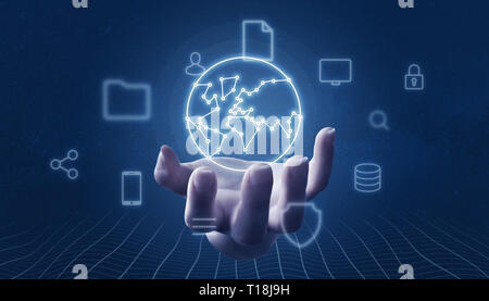Hand mit Kugel Konzept mit Netzwerk Threads mit Internet der Dinge Symbolen umgeben. Stockfoto