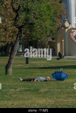 Prag, Tschechische Republik - 10 September, 2019: fett Mann schläft auf dem Gras an einem sonnigen Tag an Kampa Park Stockfoto