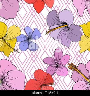 Vektor Hibiskus Blumen tropische Blumen. Graviert Tinte Kunst auf weißem Hintergrund. Nahtlose Muster. Stock Vektor