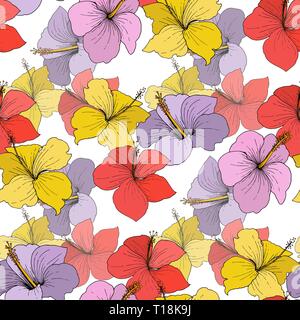 Vektor Hibiskus Blumen tropische Blumen. Graviert Tinte Kunst auf weißem Hintergrund. Nahtlose Muster. Stock Vektor