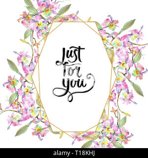 Blumenstrauß aus rosa Orchidee. Florale botanischen Blumen. Aquarell Hintergrund Abbildung. Rahmenlinie ornament Quadrat. Stockfoto