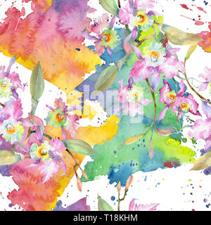 Blumenstrauß aus rosa Orchidee. Florale botanischen Blumen. Aquarell Hintergrund Abbildung. Nahtlose Muster. Stockfoto