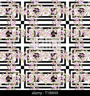 Blumenstrauß aus rosa Orchidee. Florale botanischen Blumen. Aquarell Hintergrund Abbildung. Nahtlose Muster. Stockfoto