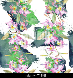 Blumenstrauß aus rosa Orchidee. Florale botanischen Blumen. Aquarell Hintergrund Abbildung. Nahtlose Muster. Stockfoto
