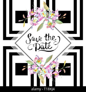 Blumenstrauß aus rosa Orchidee. Florale botanischen Blumen. Aquarell Hintergrund Abbildung. Rahmenlinie ornament Quadrat. Stockfoto