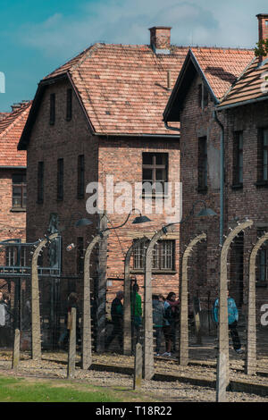 Oswiencim, Polen - 21. September 2019: Touristen, die über das Tor der nationalsozialistischen Konzentrationslager Auschwitz Stockfoto