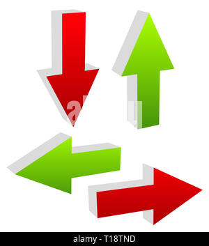 3D grünen und roten Pfeilen, die in unterschiedliche Richtungen zeigen. Oben Vektor unten, Pfeile links und rechts illustration Stockfoto