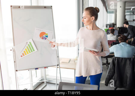 Smart und nette Frau steht in der Nähe von Flipchart und Darstellung von Diagrammen. Sie steht in der Nähe von grossen und hellen Fenster Stockfoto