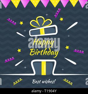 Alles Gute zum Geburtstag Greeting Card vektor design. Geschenkbox mit Schleife, Konfetti, dekorationsfahnen auf dunklem Hintergrund. Design Template für Geburtstag congratulat Stock Vektor