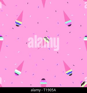 Mehrfarbige Eistüten mit Sahnehäubchen auf einem hellpurpurroten Hintergrund Stock Vektor