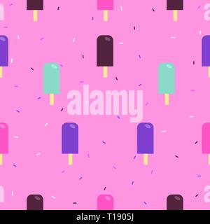 Nahtlose Muster mit bunten Popsicle und Sahnehäubchen auf einem rosa Hintergrund Stock Vektor