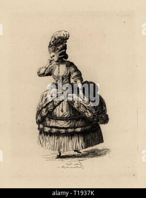 Modische Frau in Puff Frisur, drapierter Mantel über Petticoat, Zeitalter der Marie Antoinette. Kupferstich Radierung von Auguste Etienne Guillaumot von Kostüme et coiffures du XVIIIe siecle, Kostüme und Frisuren des 18. Jahrhunderts, Cagnon, Paris, 1875. Ursprüngliche Abbildung von Pierre Thomas Le Clerc aus der Gallerie des Modi et Kostüme Francais, 1778-1787. Stockfoto