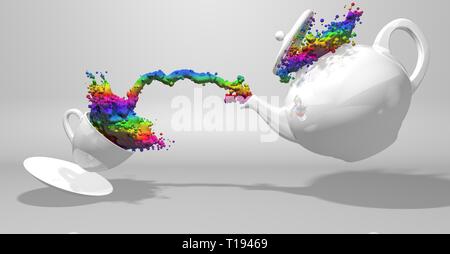 Vorderansicht eines Weisse Teekanne gießen ein Spray von Malen mit den Farben des Regenbogens zu einem weißen Schale spritzen die Flüssigkeit beim Springen auf einer Platte Stockfoto