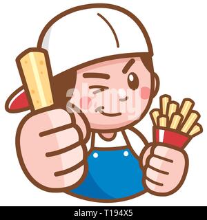 Vector Illustration von Cartoon Küchenchef präsentiert Pommes frites Stock Vektor