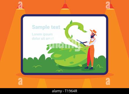 Bärtige Gärtner schneiden von Pflanzen in Form großer Schwan Skulptur formschnitt Garten Konzept Tier von Büschen moderne Garten waagrechten Volle erstellt Stock Vektor