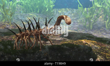 Hallucigenia, prähistorische aquatische Tierarten aus der kambrischen Periode (3D-Rendering) paleoart Stockfoto