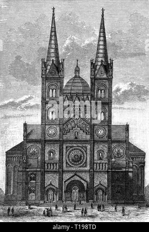 Geographie/Reisen historische, Kroatien, Städte und Kommunen, Đakovo, Kirchen, Kathedrale Sveti Petar, erbaut 1866-1882, Architekten: Carl Roesner und Friedrich Schmidt, Außenansicht, Holzstich, ca. 1885, Dzakovo, Djakowa, Diakovar, Bistum Syrmien, Strossmayer Kathedrale, Donat, Architektur, Neoromanischen, Neoromanischen, St. Peter, St. Peter's Kirche, katholische Kirche, Religion, Religionen, Christentum, Gebäude, Gebäude, Menschen, Königreich Kroatien und Slawonien, Transleithania, Königreich Ungarn, Österreich-Ungarn, Österreich, Additional-Rights - Clearance-Info - Not-Available Stockfoto