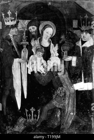 Religion, Christentum, Drei Könige Anbetung der Heiligen Drei Könige', Malerei, Alpine, circa 1480, Artist's Urheberrecht nicht geklärt zu werden. Stockfoto