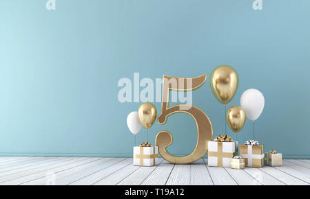 Nummer 5 Party Feier Zimmer mit goldenen und weißen Luftballons und Geschenkboxen. Stockfoto